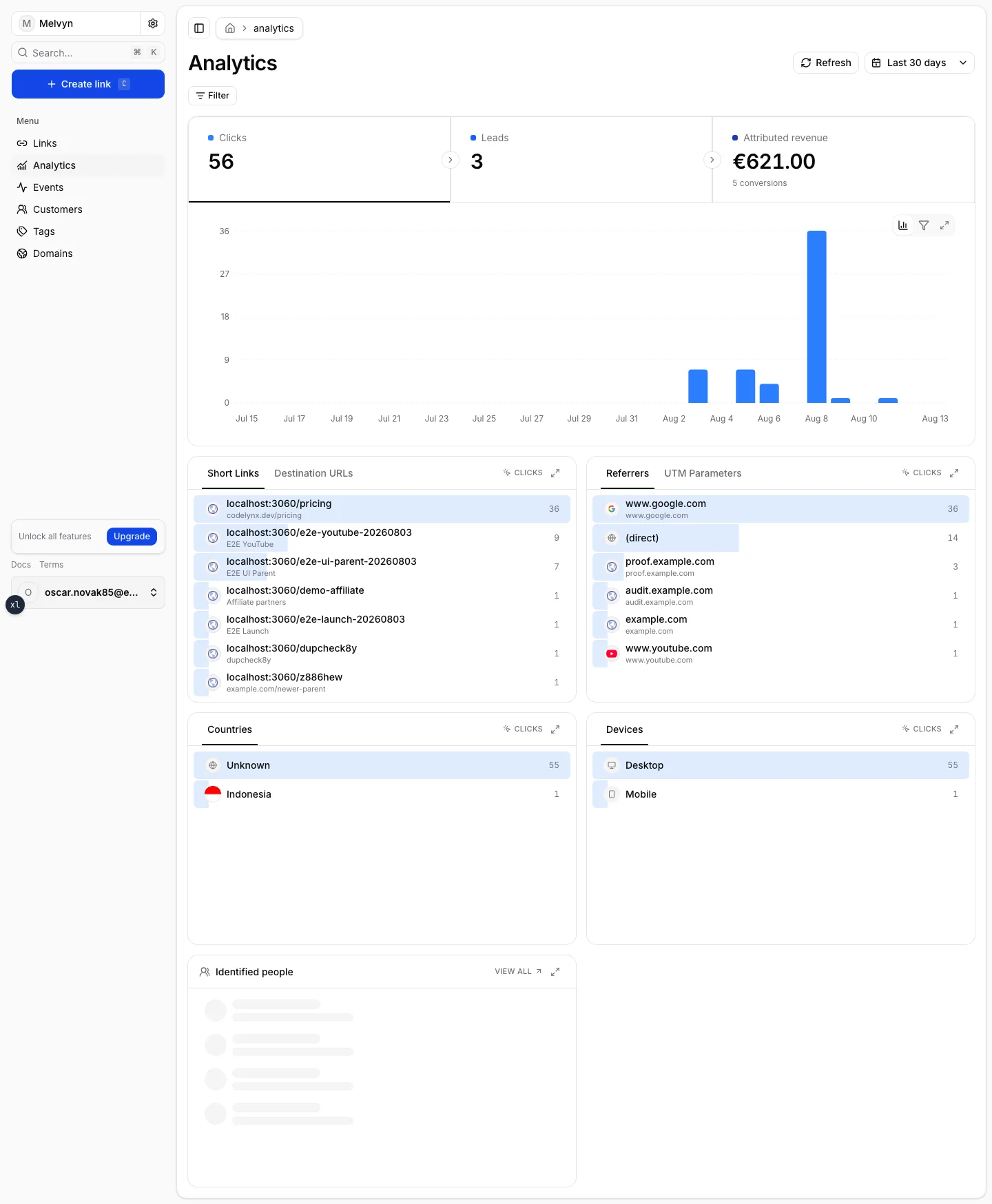 The Analytics page with click, lead, and revenue tiles, a daily chart, and breakdowns
