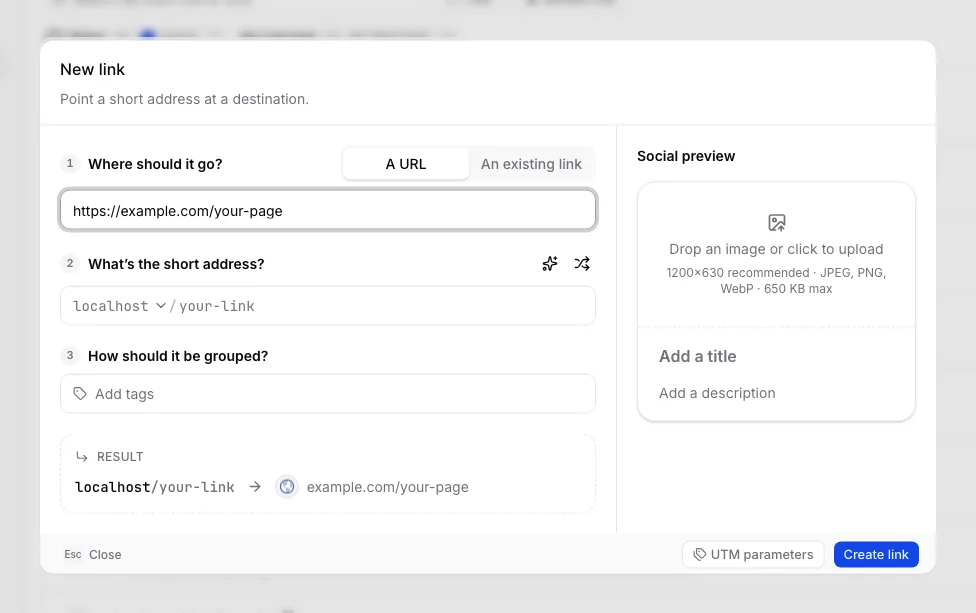 The New link dialog with destination, short address, tags, and social preview