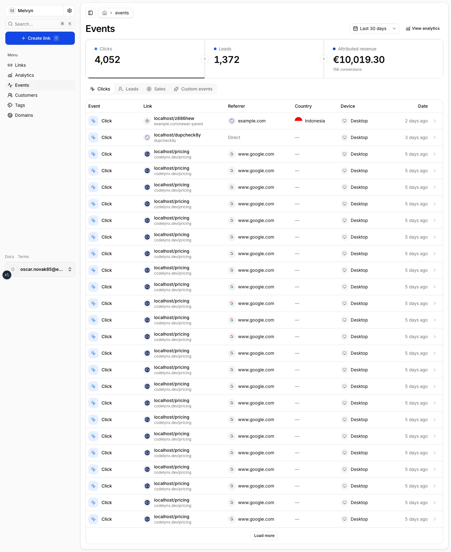 The Events page with funnel tiles and a click feed