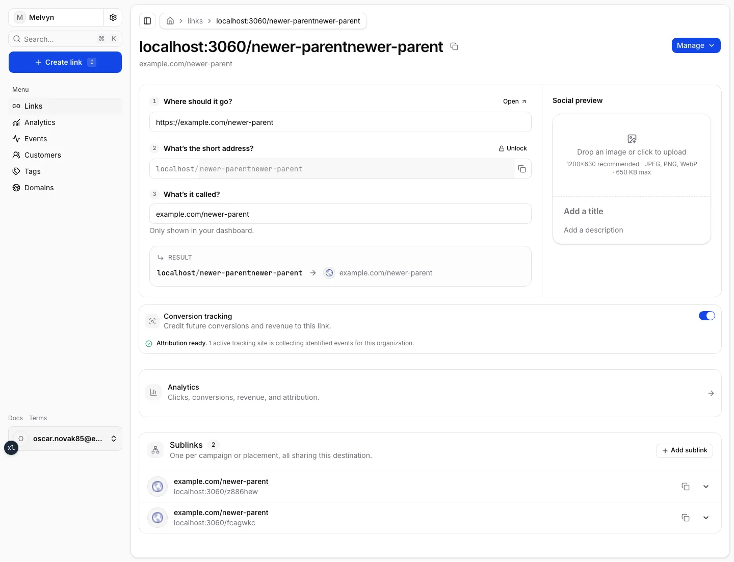 A parent link page with destination, slug, conversion tracking, analytics, and sublinks
