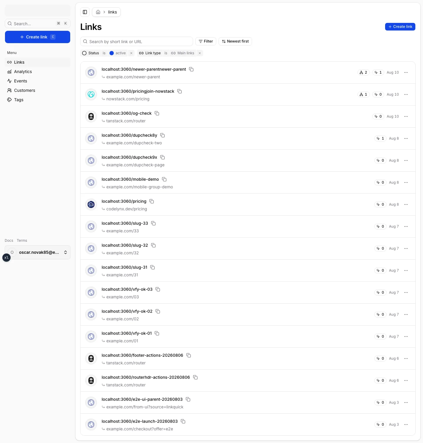The Links page with search, status and type filters, and parent rows