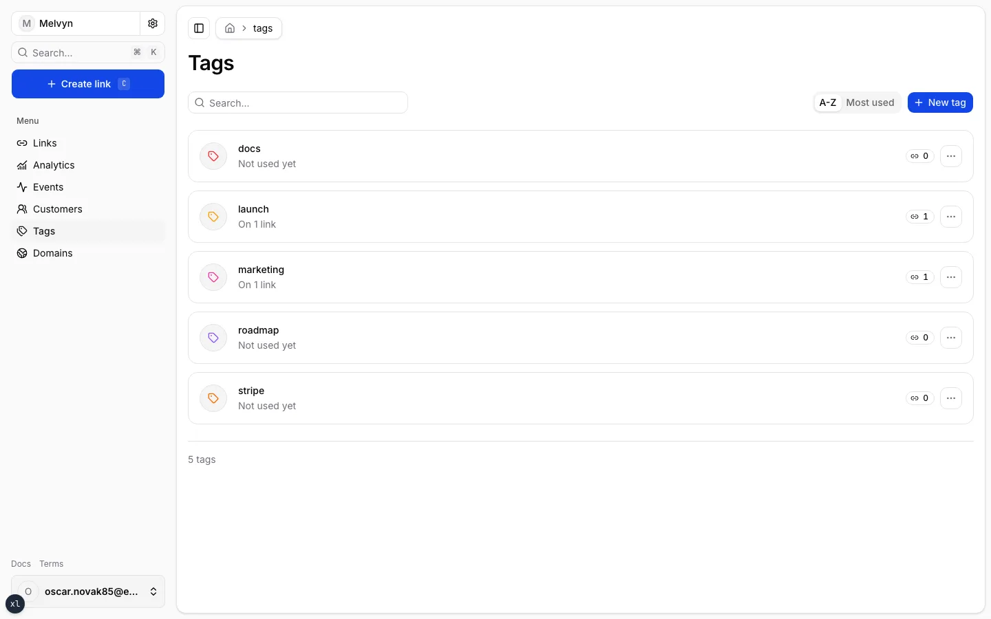 The Tags page with named colored tags and usage counts